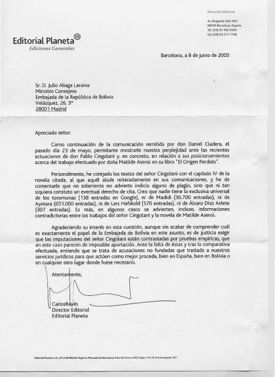 Carta de Carlos Rey�s a la Embajada de Bolivia