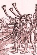 Trompetas de Josu� derribando los muros de Jeric�. Grabado en madera del siglo XV