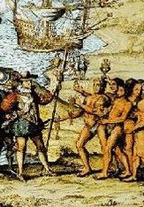 �Encuentro entre espa�oles e ind�genas�, por De Bry