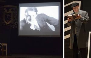Imagen de Pablo Neruda en una pantalla en la Antigua Escuela de Medicina, y el actor Jos&eacute; Carlos Rodr&iacute;guez interpretando el mon&oacute;logo Yo, Neruda, durante las jornadas en homenaje al Nobel chileno