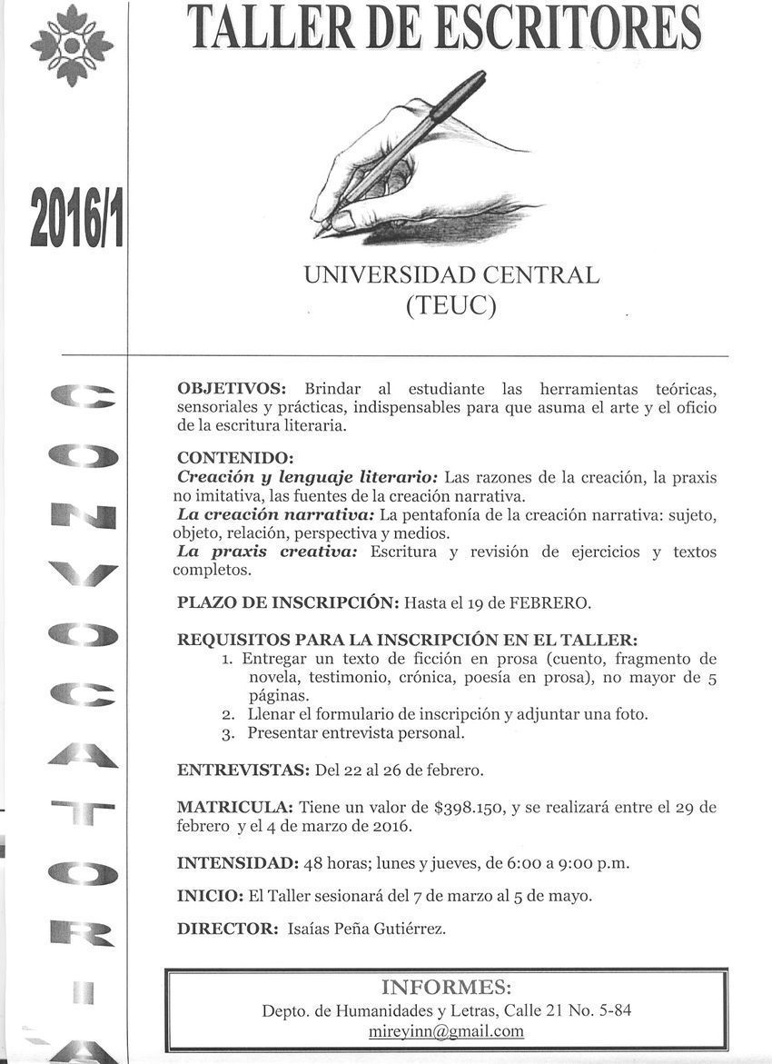 Inscripciones para el Taller de Escritores Universidad Central (Teuc)