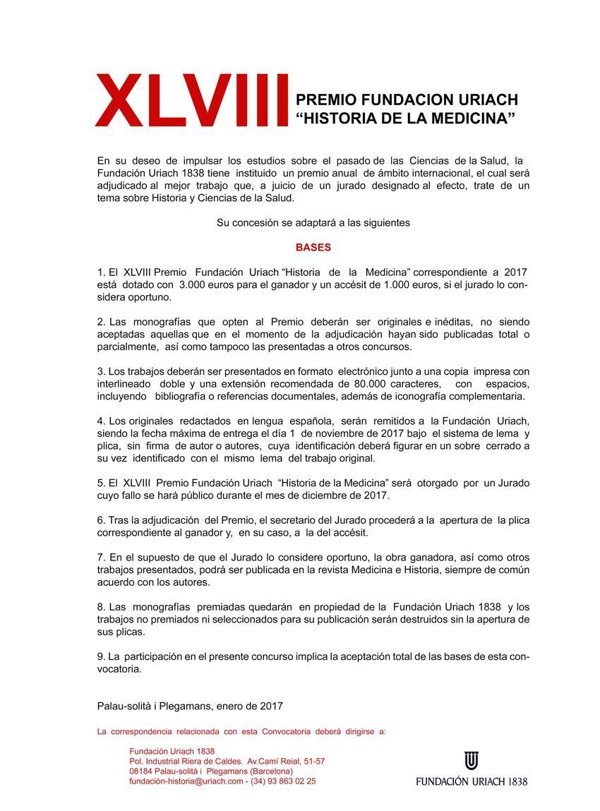 XLVIII Premio Fundación Uriach “Historia de la Medicina”