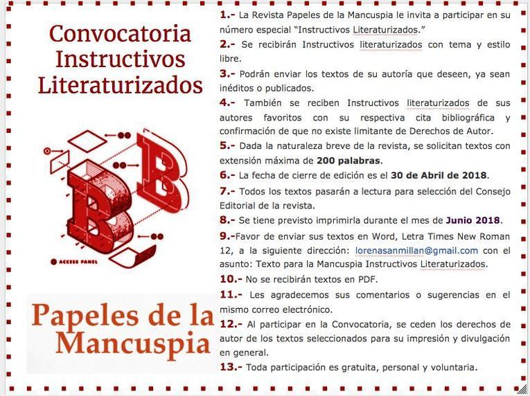 Instructivos Literaturizados: convocatoria de la revista Papeles de la Mancuspia