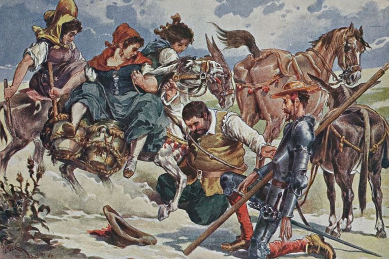 Don Quijote y Sancho se postran ante Dulcinea encantada