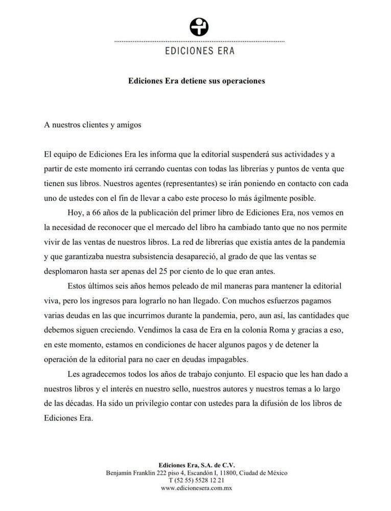 Comunicado de Ediciones Era