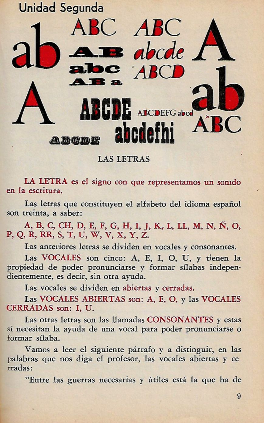 Primera página de la segunda unidad del Curso de lectura y español (1983)